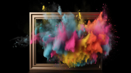 Product display frame with colorful explosion on white background. selective focus. Generative AI,