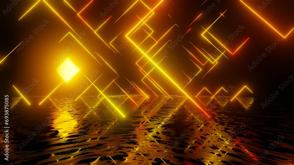 Poster neon design yellow orange pattern. 4k video with various neon elements and a reflecting floor. loope