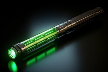 Green lightsaber sword. Glowing armory laser verdant blade. Generate ai - obrazy, fototapety, plakaty