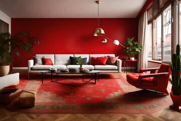 A trendy style living room with red walls