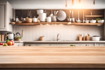 Table top with blurred kitchen equipment interior background