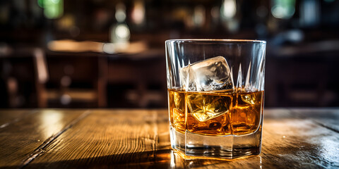 Whisky glass with ice cube on a wooden table in a dark club background AI Generative 