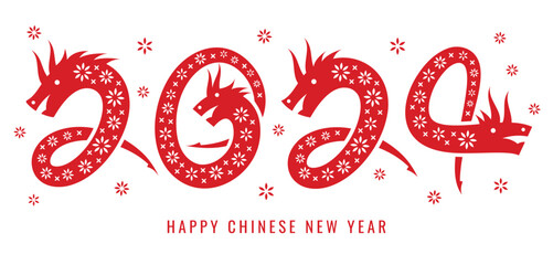 The Chinese New Year 2024 - the Year of the Dragon. Happy Chinese New Year 2024. Lunar New Year background, banner. Numbers in the shape of a dragon. - obrazy, fototapety, plakaty