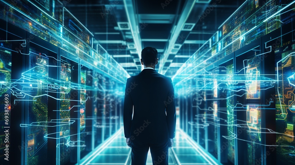 Poster cyber security professional managing data protection in high-tech data center