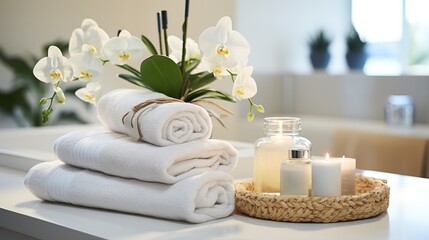 Fototapeta na wymiar Serene Spa Setting with Orchids and Towels