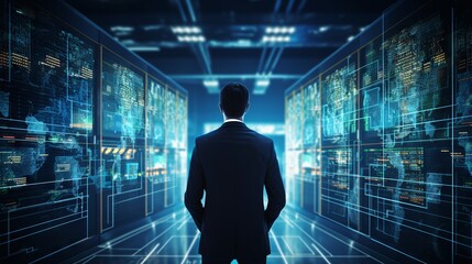 Secure data management: administrator ensuring cyber security in data center, server farm cloud computing facility with system - network protection engineering