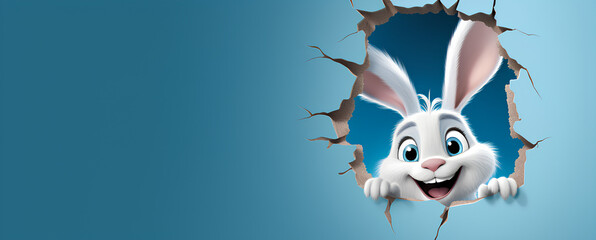Easter bunny poster peeking out of a hole in the wall with copy space, rabbit jumps out of a torn hole 
