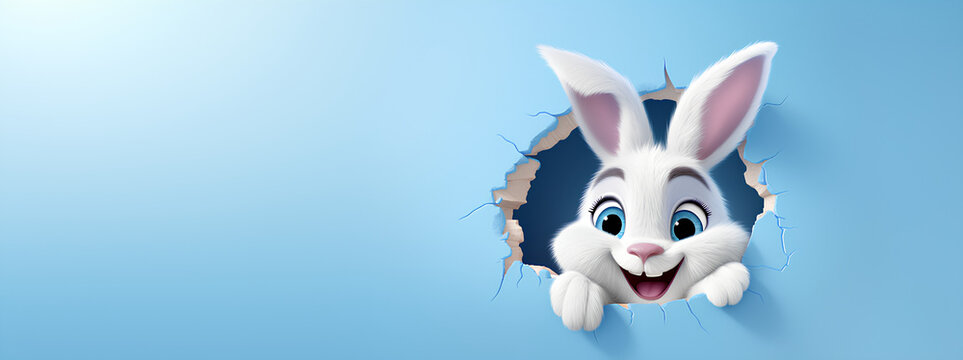 Easter bunny poster peeking out of a hole in the wall with copy space, rabbit jumps out of a torn hole 
