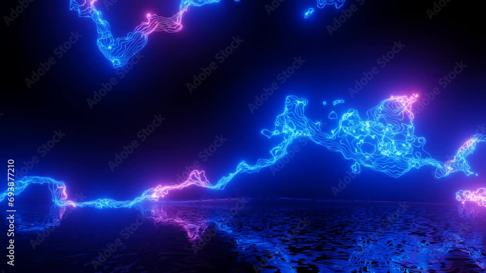 Poster neon design of blue pattern wall in motion. 4k video with various neon elements and a reflecting flo