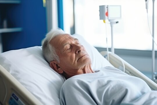 Senior Patient Lying on the Bed in Hospital. Modern Hospital Geriatrics Ward.