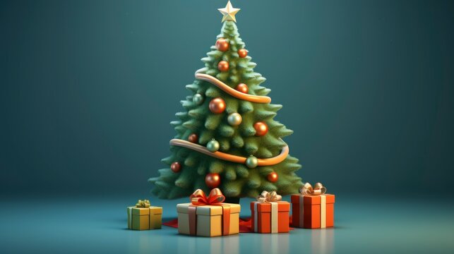 christmas tree and gift 3d cartoon - generative ai