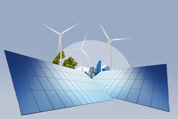 Wind turbines,solar panels and smart city in background.electricity, renewable energy, the...