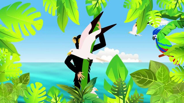 Cartoon cute monkey green colored  sea gull  in the jungle 2d animation leaves frame