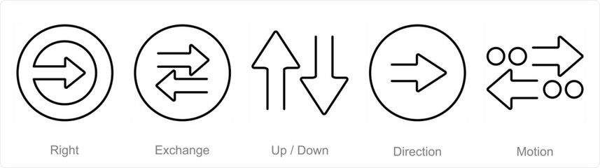 A set of 5 arrows icons as right, exchange, up down