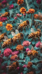 A bustling hive of bees, each one with their own unique pattern and color, buzzing around a field of vibrant flowers