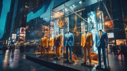 Elegant Men's Fashion Display in Storefront Window - obrazy, fototapety, plakaty