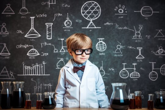 Thoughtful boy chemist in front of chalkboard.