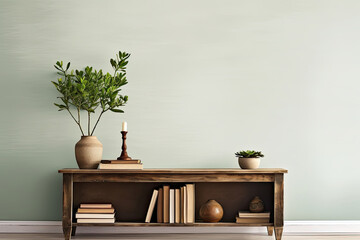 plant in a vase on green wall,hall table with plant, books and blank wall