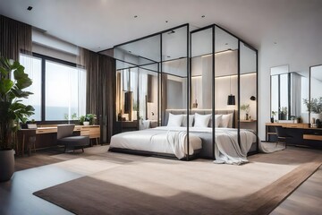 spacious bedroom with bed and shower booth