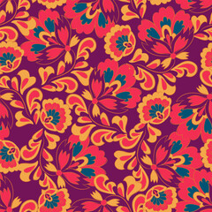 seamless pattern with ethnic flowers and leaf, vector floral illustration in vintage style