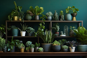 pots in a shop, Stylish composition of home garden interior filled a lot of beautiful plants, cacti, succulents, air plant in different design pots. Green wall paneling. Home gardening concept