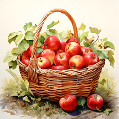 Watercolor illustration of a basket of apples.