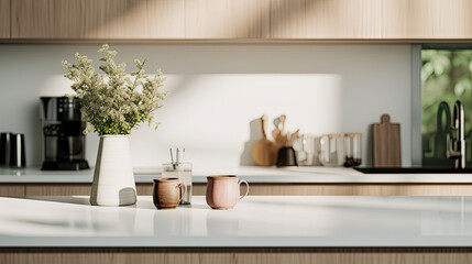 Kitchen room interior with coffee set, modern kitchen background, beige interior