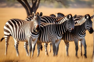 Fototapeta na wymiar A group of zebras grazing peacefully on the African savannah, their distinctive stripes creating a mesmerizing pattern. 