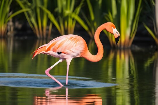 A graceful flamingo wading through tranquil waters, its vibrant feathers reflecting in the sunlight.
