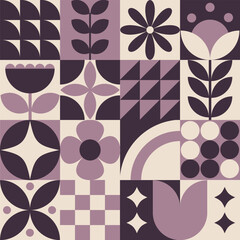 Decorative ornament with geometric elements, flowers and plants