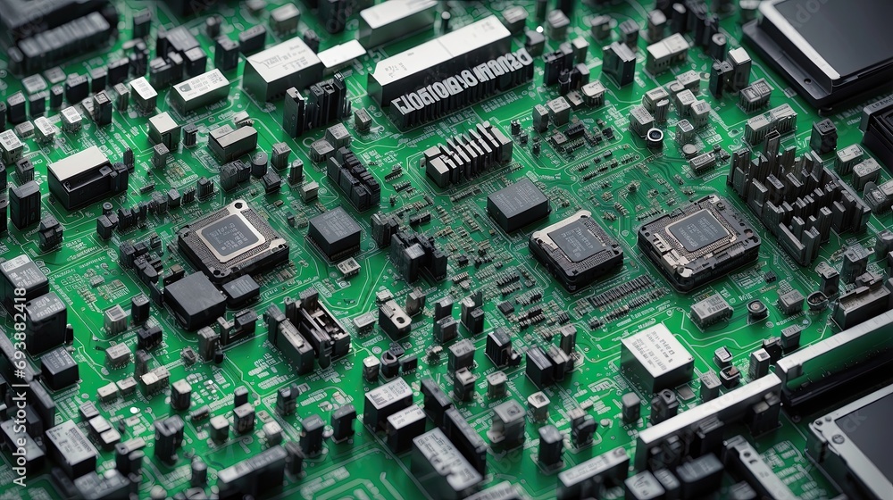 Poster close-up view of a computer motherboard, showcasing its intricate circuitry and components, includin