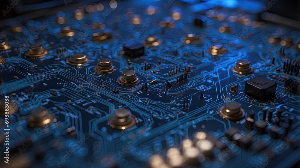 Poster close-up view of a computer motherboard, showcasing its intricate circuitry and components, includin