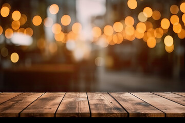 Empty wooden table top with lights bokeh on blur restaurant background.wood table on blur of cafe, coffee shop, bar, background