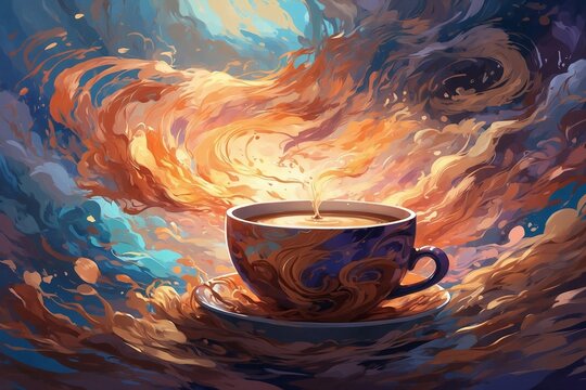 In a mesmerizingly abstract style, the image depicts a cup of coffee emitting swirling tendrils of steam