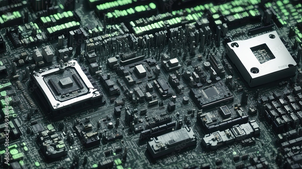Poster close-up view of a computer motherboard, showcasing its intricate circuitry and components, includin