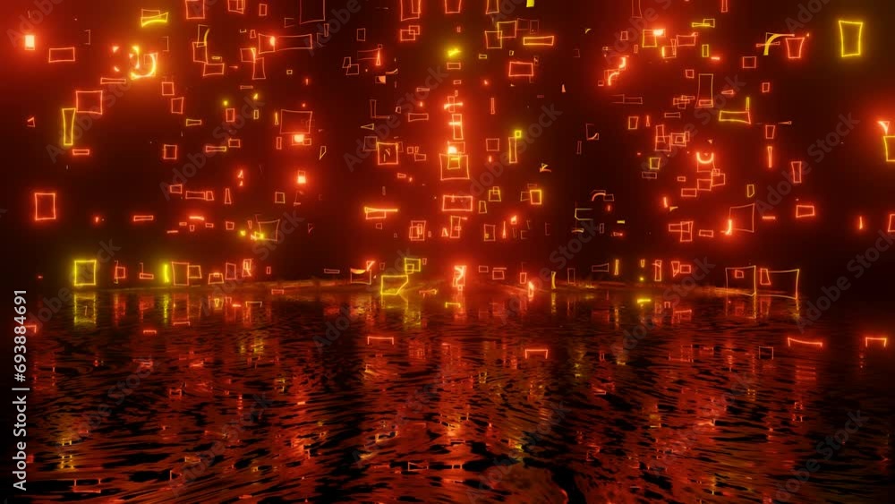 Poster neon design orange pattern form wall. 4k video with various neon elements and a reflecting floor. lo