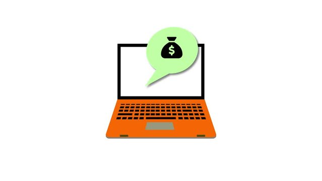 Animated laptop with orange laptop with a green money bag icon in a speech bubble, representing online income or e-commerce.