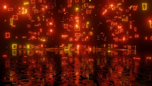 Neon Design orange pattern form wall. 4K video with various neon elements and a reflecting floor. Looped 3d render. Glowing Neon: 4K with colorful geometric shapes and a mirror effect