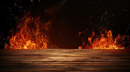 wooden table with Fire burning  background,, fire particles, sparks, and smoke in the air, with fire flames on a dark background to display product