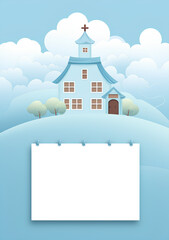  Calendario fondo azul con formas de nubes, al estilo Cubicare, claro y marrón, edificio religioso, fondo blanco