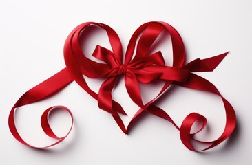 Captures a sumptuous red satin ribbon tied in a bow, elegantly arranged on a white background, symbolizing gift-giving and celebration.