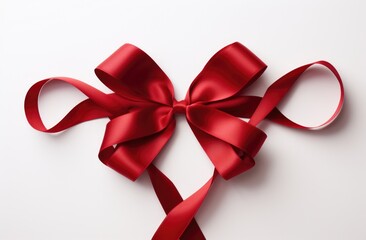 Captures a sumptuous red satin ribbon tied in a bow, elegantly arranged on a white background, symbolizing gift-giving and celebration.