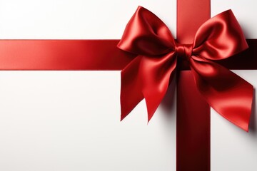 a sumptuous red satin ribbon tied in a bow, elegantly meticulously tied in a perfect bow across white background, creating a cross shape that implies a gift waiting to be discovered