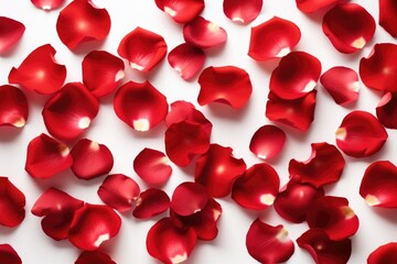 Depicts scattered red rose petals on a white surface, conveying a sense of romance and celebration or a ceremonial gesture