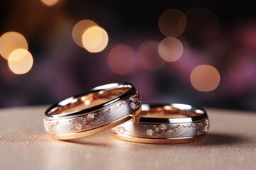 Two elegant wedding rings with embedded diamonds on a reflective surface, with a romantic purple bokeh background enhancing the mood of love and commitment. - obrazy, fototapety, plakaty