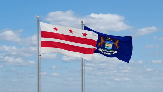 Michigan and District of Columbia or Washington D.C.  US state flags waving together on cloudy sky, endless seamless loop