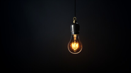 Ampoule faiblement éclairée dans une pièce sombre, fond noir. Lumière, électricité. Pour conception et création graphique. - obrazy, fototapety, plakaty
