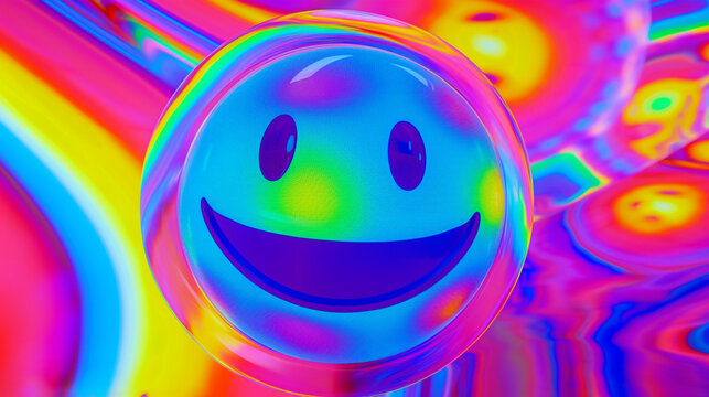 Smiley, emoticone souriant de toutes les couleurs. Multicolore, sourire. Sur arri&egrave;re-plan d&eacute;grad&eacute; et psych&eacute;d&eacute;lique.