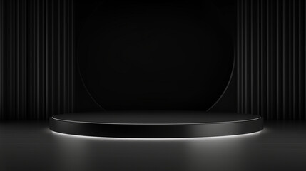 Podium noir en forme de cercle sur un arrière-plan noir. Ambiance sombre, minimaliste, élégant. Fond pour conception et création graphique. 