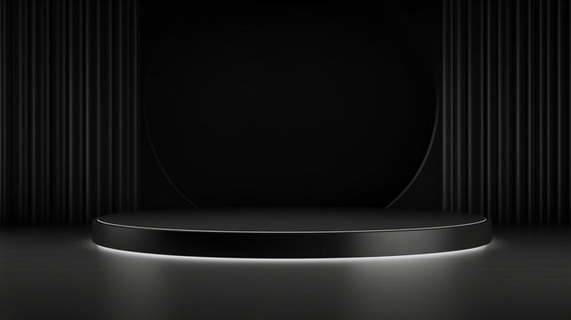 Podium noir en forme de cercle sur un arrière-plan noir. Ambiance sombre, minimaliste, élégant. Fond pour conception et création graphique. © FlyStun